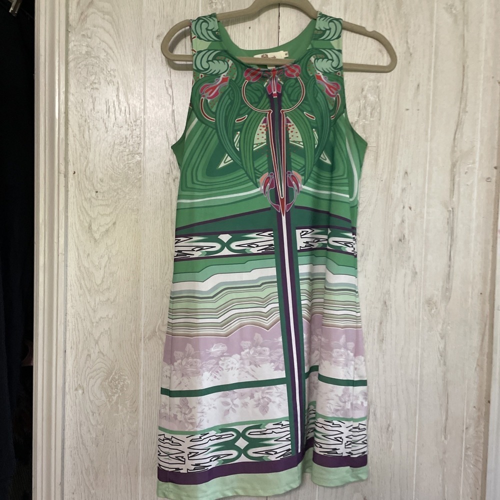 Aryeh Dress Women Small Green Geometric Shift Sleeveless Round Neck Nylon Blend